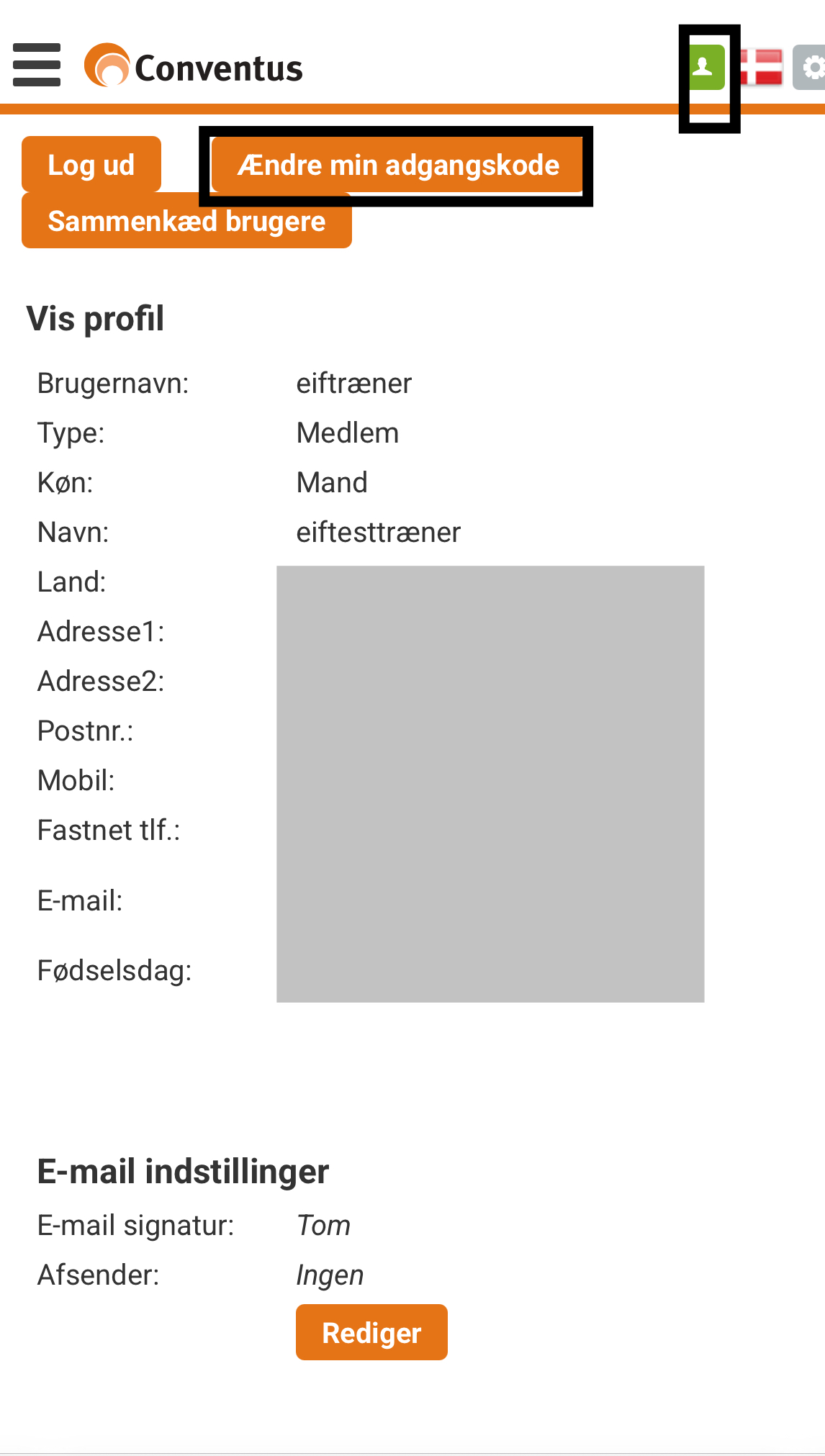 conventus ændre adgangskode
